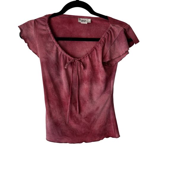 Hot Papaya Y2k Shirt Small Red Sheer Tie Dye Flutter Sleeve Y2K Festival Top - Picture 1 of 7